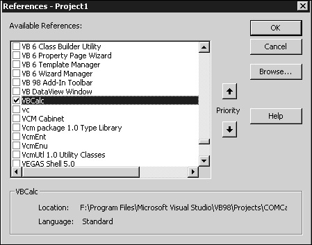 Visual Basic lists all the registered type libraries.
