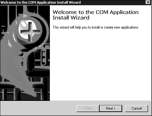 Screen 1: COM Application Install Wizard.