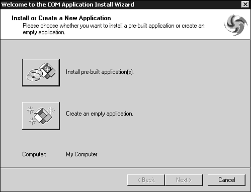 Screen 2: COM Application Install Wizard, Install or Create a New Application.