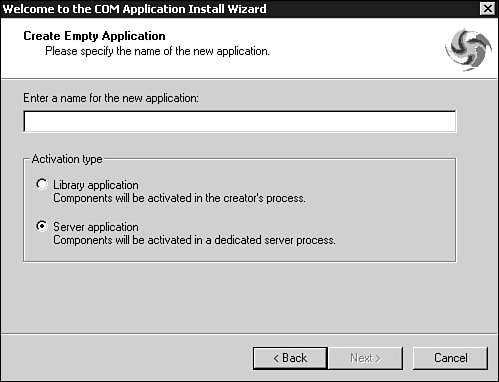 Screen 3: COM Application Install Wizard, Creating an Empty Application.