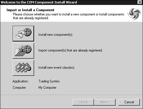 Screen 1: COM Component Install Wizard, Importing or Installing Applications.