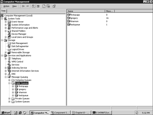 A list of message queues currently in existence, including the queue for a COM+ example application we will be using in this chapter, FirstQCAppcreatingqueuesqueuescreatingopeningqueuesqueuesopening.