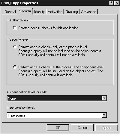 The Security settings tab for FirstQCApp.queued components (QCs)COM+ Queued Componentscomponentsqueued (QC)COM+ Queued ComponentsCOM+ Queued Componentsdisablingsecurityturning offsecuritysecuritydisabling