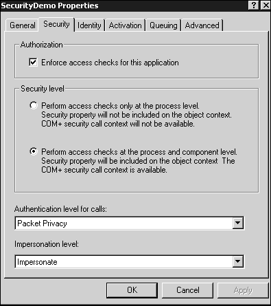 The Security dialog box for applications.