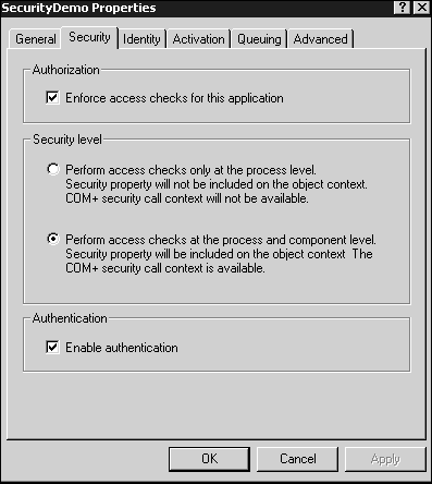 The Security tab for a COM+ library application.