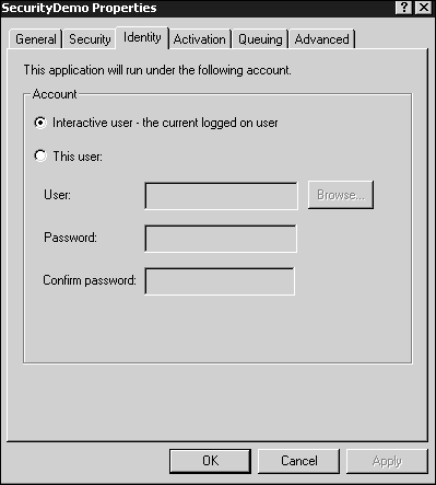 The Identity dialog box determines what account the application will run under.