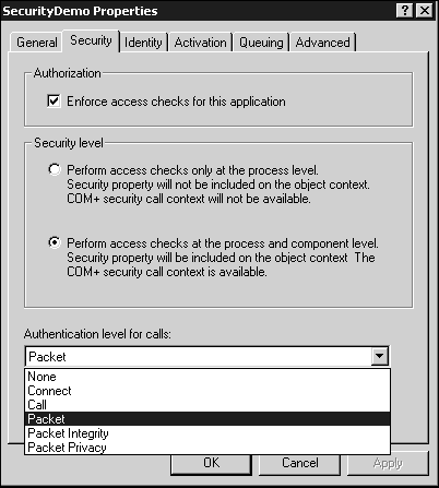 Authentication levels can be selected in the middle drop-down box determining what level of network security is to be used for the RPC connection.