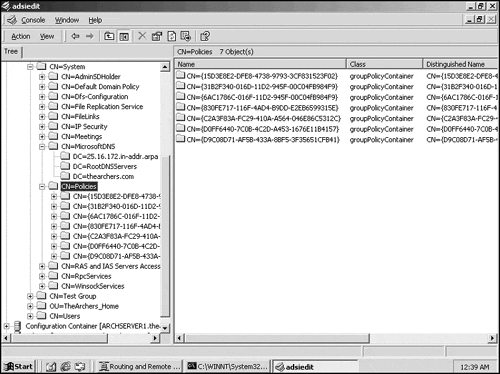 A view of Active Directory-based GPO and GPC data using ADSIedit.