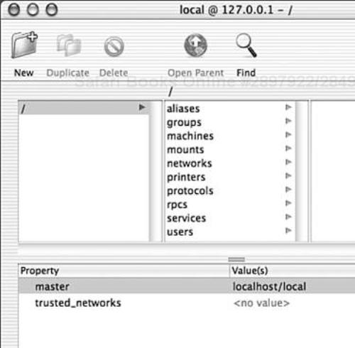 NetInfo Manager.app showing the root of the directory hierarchy.