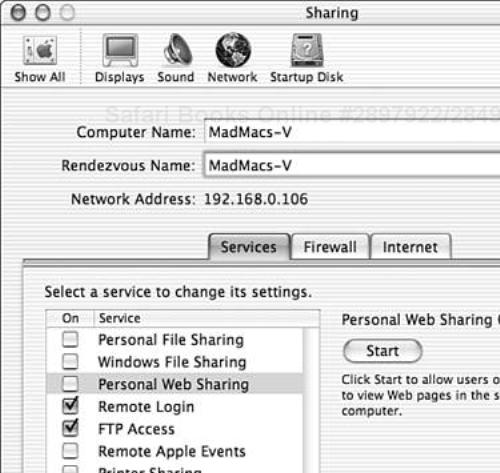 The Mac OS X Sharing Preference pane.
