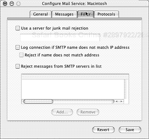 The Filter tab of the Configure Mail Service dialog box.