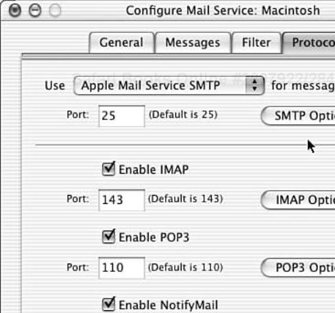 The Protocols tab of the Configure Mail Service dialog box.