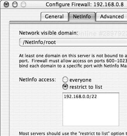 NetInfo configuration options for OS X Server firewall.