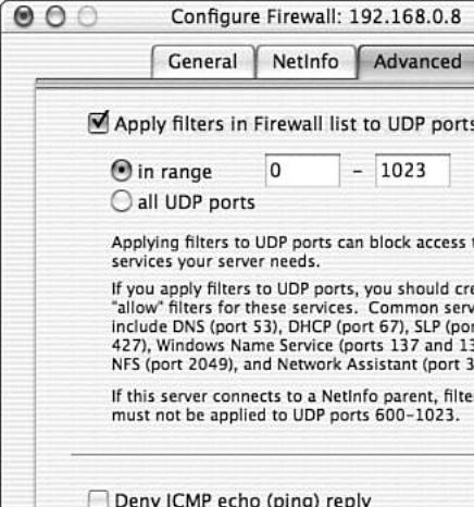 Advanced configuration options for OS X Server firewall.