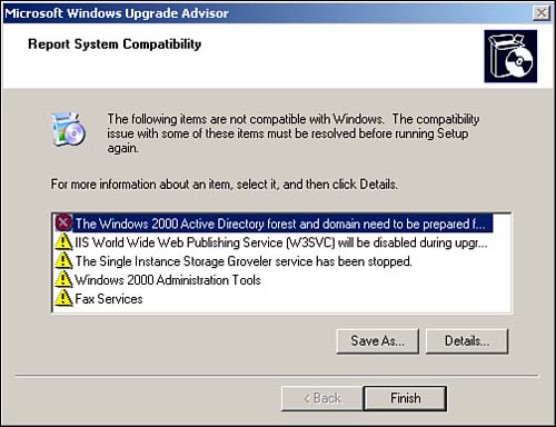 The Windows Compatibility Report displays any applications or drivers that might not be compatible with Windows Server 2003.