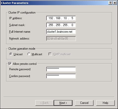 Configure the cluster's basic properties and IP address.
