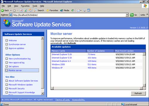The Monitor Server page summarizes the available updates and provides a link to a more detailed list.