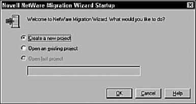 Creating a new project in the NetWare 6 Migration Wizard.