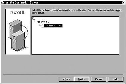 Selecting a destination server in the NetWare 6 Migration Wizard.