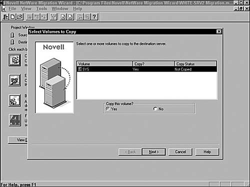 Selecting a source volume in the NetWare 6 Migration Wizard.