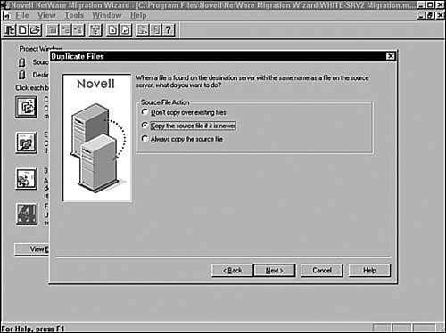 Configuring file copy parameters in the NetWare 6 Migration Wizard.