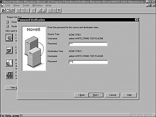 Authenticating to the source and destination trees in the NetWare 6 Migration Wizard.