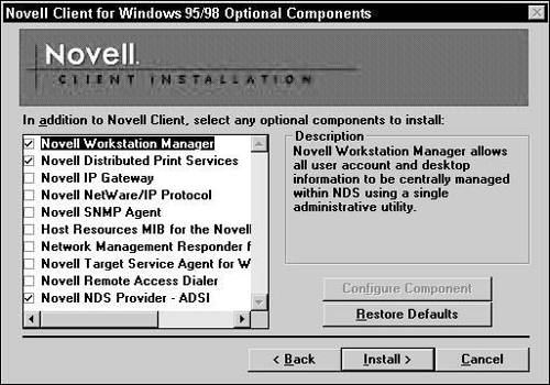 Selecting optional components during a custom Novell Client installation.