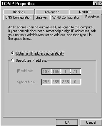 The TCP/IP Properties screen in Windows Network Neighborhood.