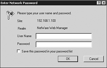 The NetWare Web Manager Authentication window in Internet Explorer.