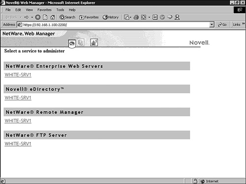The NetWare Web Manager home page.