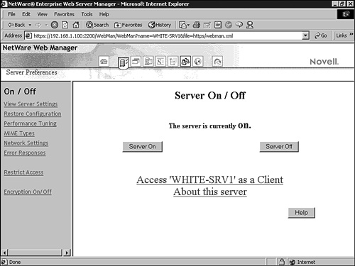 The Enterprise Web Server Manager home page.