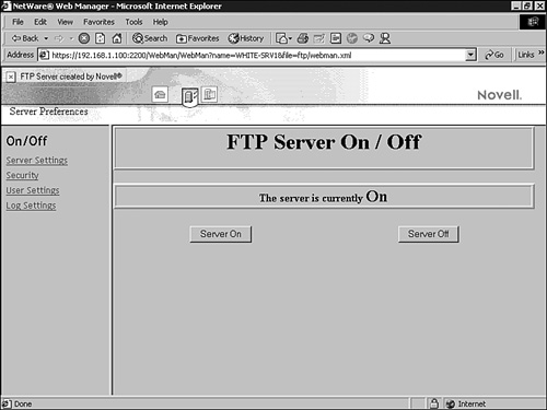 The NetWare FTP Server Manager home page.