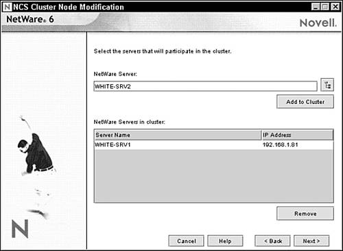 NCS Cluster Node Modification screen in NetWare Deployment Manager.