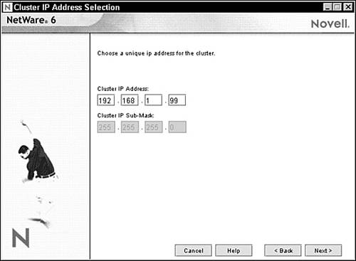 Cluster IP Address Selection screen in NetWare Deployment Manager.