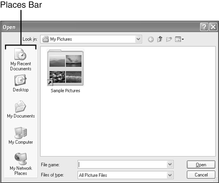 New Open dialog boxes include the Places Bar at the left side of the window.