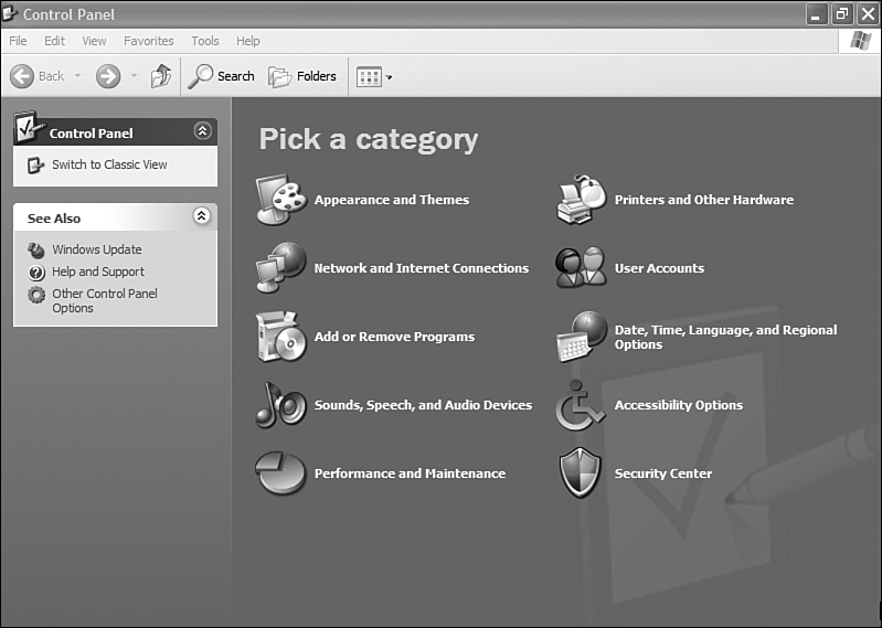 The default Category View of Windows XP's Control Panel is designed to display the most common tasks.