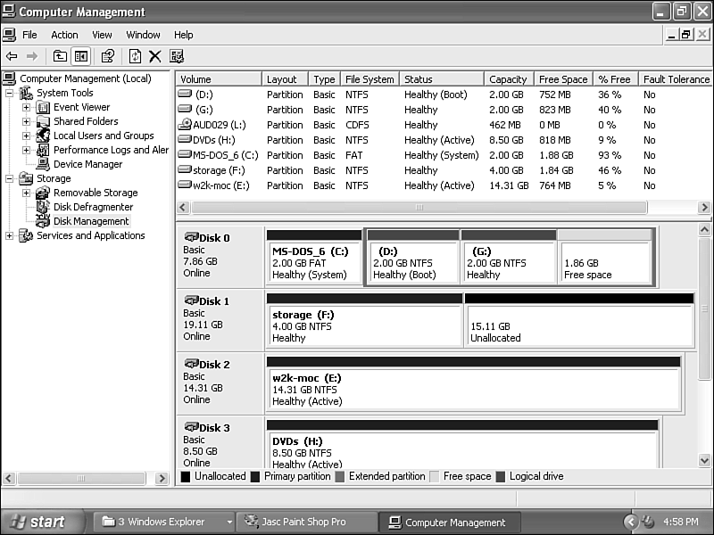 Disk Management viewed through Computer Management, showing drive partitioning.