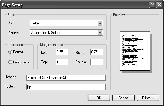Adding Header and Footer codes to identify printouts from Notepad.