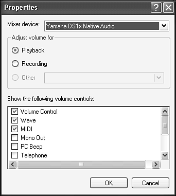 The Properties dialog box for typical volume controls.