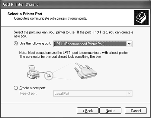 Choosing the port for a printer.