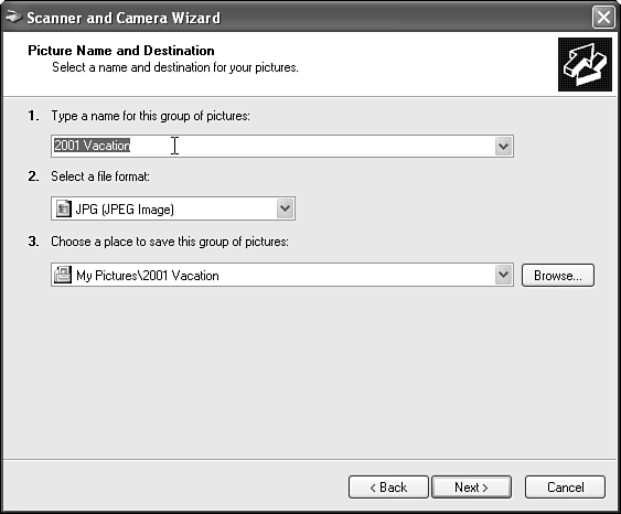 Select a group name, file type, and location for your pictures.
