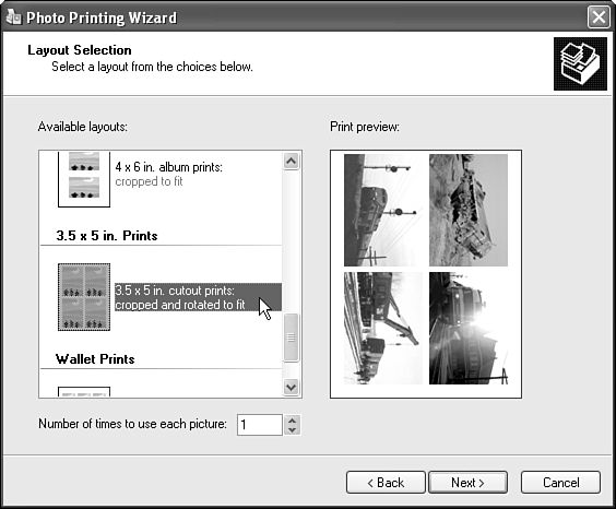 Select the layout you want, and the print preview displays your photos accordingly.