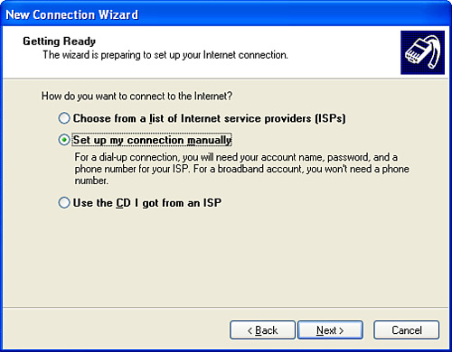 The New Connection Wizard has ways to set up a new Internet connection.