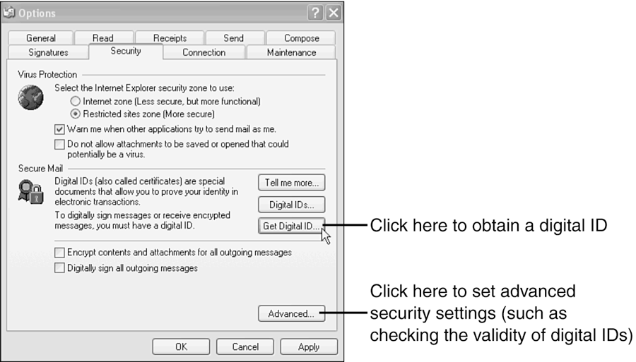 Get a Digital ID, and adjust your security preferences, on the Security tab of the Options dialog box.