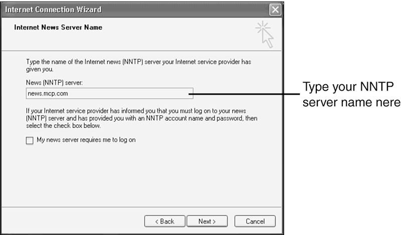 You enter the name of your news server here. If you use multiple news servers, you must set up an individual account for each one.Outlook Express 6OE6(Outlook Express 6)newsgroupsaccountssetting up (OE6)accountsnewsgroupssetting up (OE6)configuringnewsgroup accounts (OE6)OE6newsgroupsaccount setup