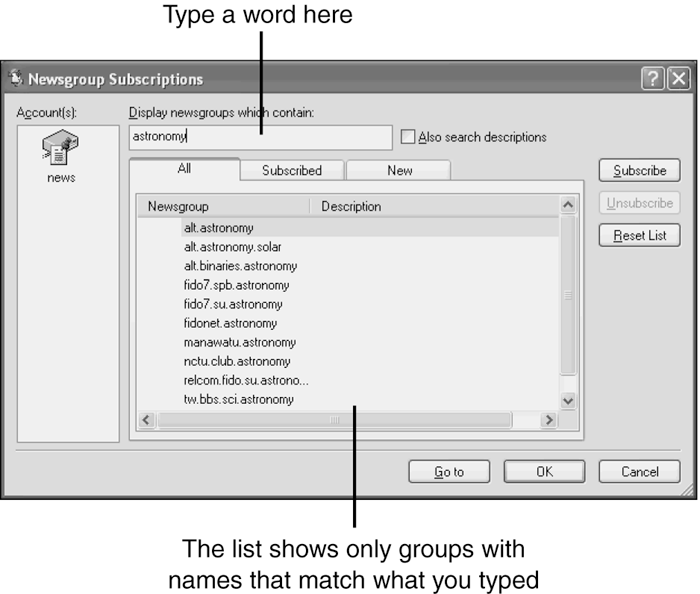 You can begin typing a word to search the newsgroup list. The list automatically gets smaller as you type, showing only those groups with names that match what you typed.