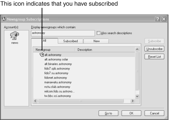 You can select a newsgroup and subscribe to it here. When you click Go To, this window automatically closes.