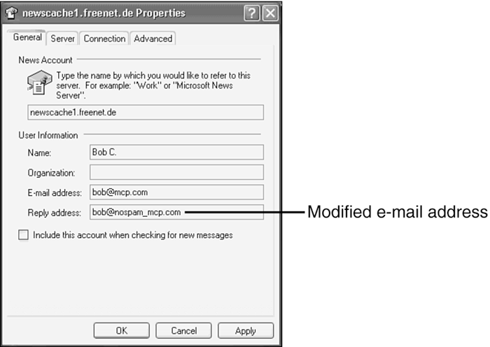 You can type a modified identity and reply address in this dialog to avoid spam and protect your identity somewhat in Usenet.