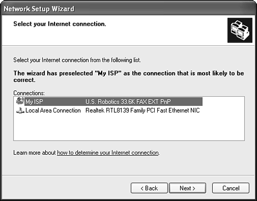 In this dialog box, select the ISP Internet Connection that you want to share.