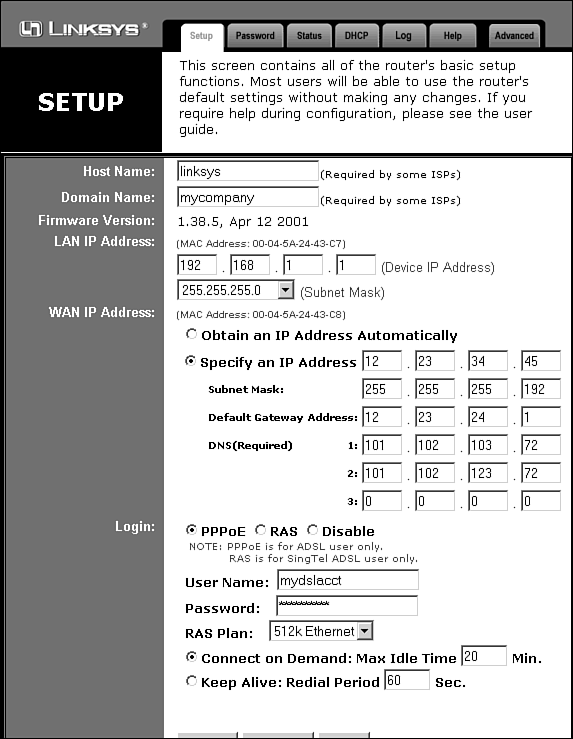 Sample setup page for a cable/DSL connection sharing router.